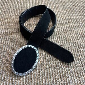 🖤 Vintage Black Suede Belt Size 40 | Silver Oval Studded Buckle